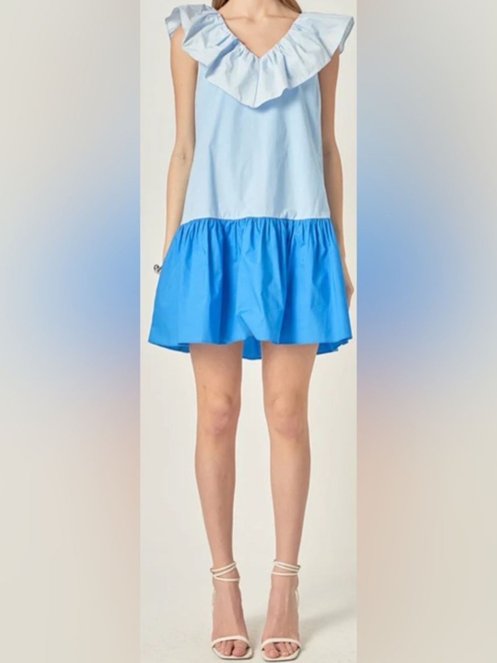 Blue Multi-Tone ENGLISH FACTORY
Colorblock Ruffled Shift Dress: Medium